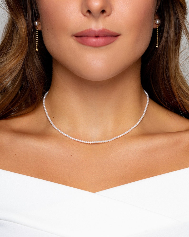 18K Gold Pearl Choker Necklace, Freshwater Akoya Small Round 2.5-3 mm Pearl Necklace, Bridal Wedding Pearl Jewelry, Tiny Pearl Choker image 1