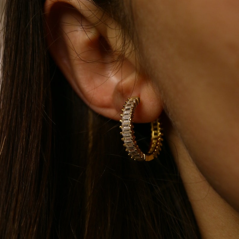 Sterling Silver Baguette Hoop Earrings, Large Statement Gold Hoops, Minimalist Silver Dangle Elegant Earrings, Jewelry Gifts For Her, image 9