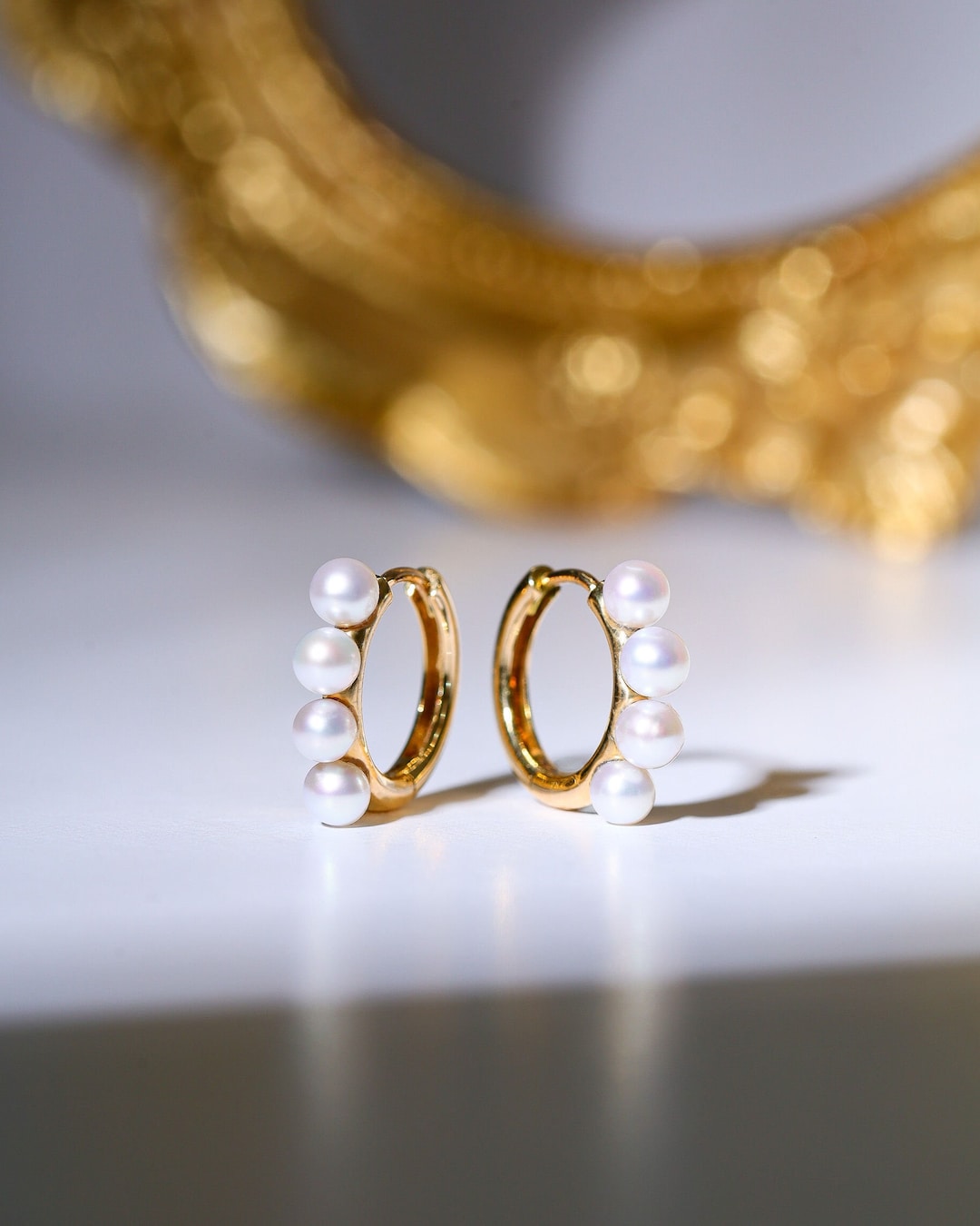Solid 14K Gold Pearl Earrings, 3MM Small Freshwater Akoya Pearl Huggie ...