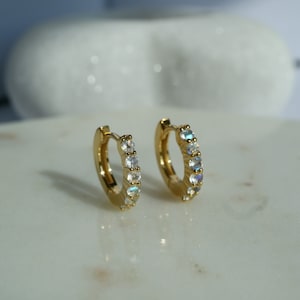 Rainbow Moonstone Silver Gold Huggie Hoop Dainty Minimalist Earrings, 14K Gold June Birthstone Moonstone GemstoneJewelry, Made of Honor Gift