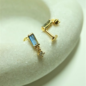 Natural Labradorite Silver Flat Back Earrings , Dainty Cartilage Studs, Gemstone Helix Crystal Jewelry