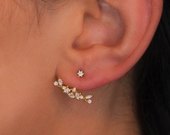 Gold Sterling Silver Ear Jacket Earrings, Dainty Minimalist Studs, Front Back Bridal Earrings, Wedding Jewelry, Bridesmaid Earrings Gift