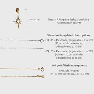 Puede incluir: Colgante dorado con dise&ntilde;o de estrella, con una piedra de labradorita brillante y detalles de circonitas. La imagen muestra opciones de cadena en plata y oro, con longitudes de 40 a 50 cm. El colgante mide 2,5 cm de largo.