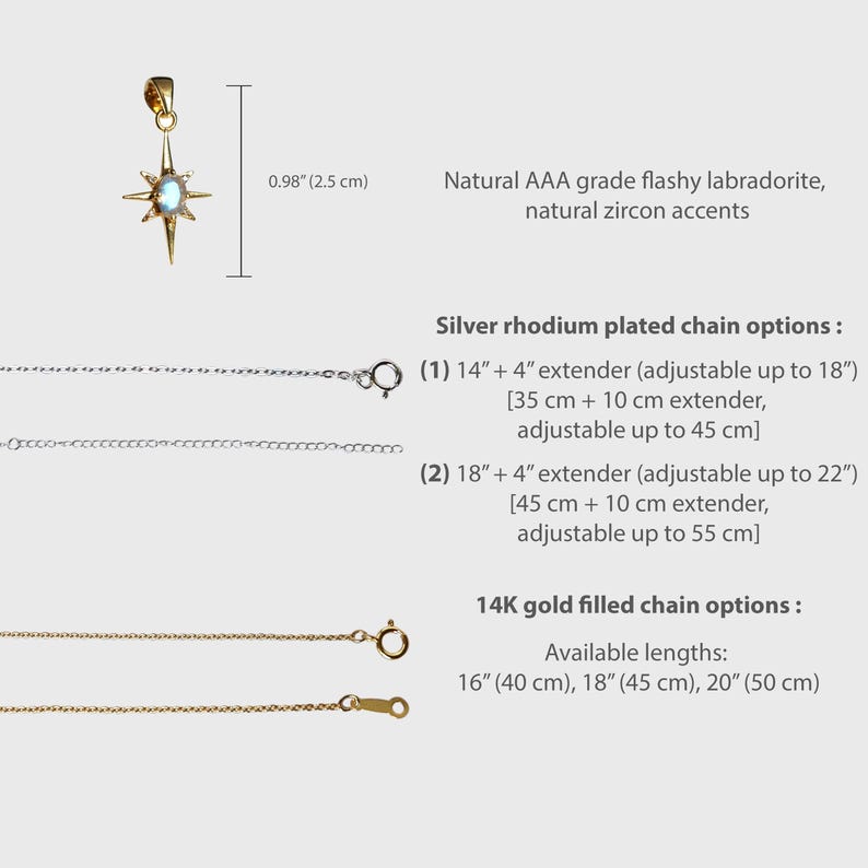 Puede incluir: Colgante dorado con dise&ntilde;o de estrella, con una piedra de labradorita brillante y detalles de circonitas. La imagen muestra opciones de cadena en plata y oro, con longitudes de 40 a 50 cm. El colgante mide 2,5 cm de largo.