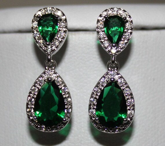 Items similar to Green Cubic Zirconia White Gold Plated Stud Teardrop