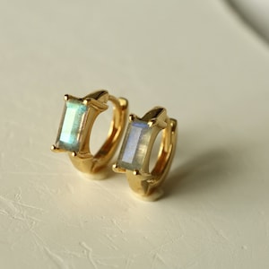 Baguette Labradorite Gold Vermeil  Huggie Hoop  Minimalist Earrings, Crystal Jewelry, Gift  For Women Mom Friend, Gemstone Silver Hoops