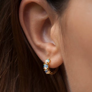 genuine opal silver hoop earrings