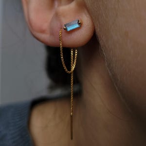 Baguette Natural Labradorite Silver Gold Threader Dangle Earrings, Long Chain Cartilage Single Stud