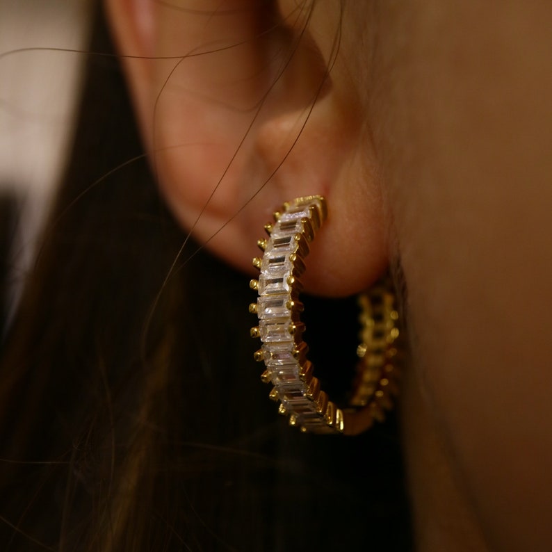 Sterling Silver Baguette Hoop Earrings, Large Statement Gold Hoops, Minimalist Silver Dangle Elegant Earrings, Jewelry Gifts For Her, image 5