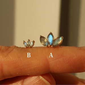 May include: Two gold-colored, gemstone earrings. Each earring features a cluster of three teardrop-shaped, iridescent stones. The earrings are labeled A and B. The stones have a blue and gray color.