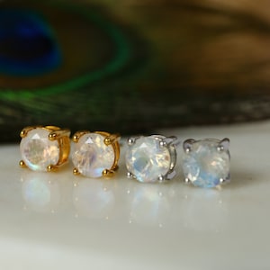 Rainbow Moonstone Sterling Silver Gold Minimalist Stud Earrings, June Birthstone Crystal Jewelry, Bridal Wedding Earrings, Mothers Day Gift
