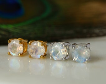 Rainbow Moonstone Sterling Silver Gold Minimalist Stud Earrings, June Birthstone Crystal Jewelry, Bridal Wedding Earrings, Mothers Day Gift