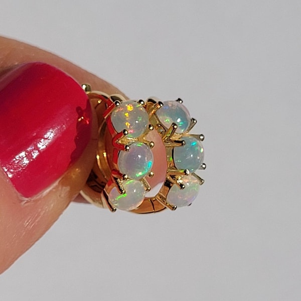Natural Opal Hoop Earrings, Ethiopian Opal Huggies, Genuine Opal Gold Vermeil Earrings, Opal Jewelry For Women - October Birthstone
