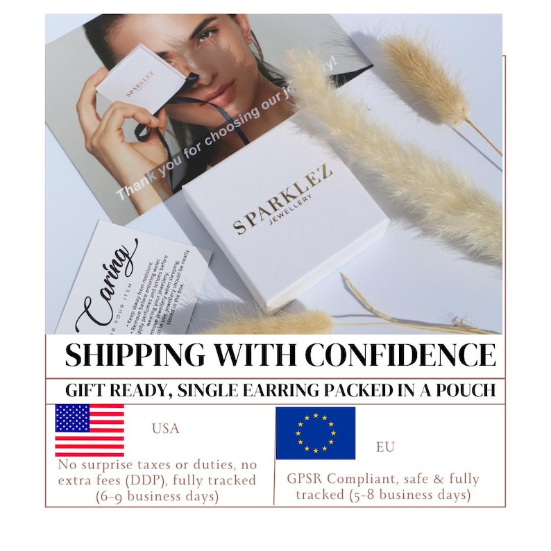Puede incluir: Una caja de joyer&iacute;a blanca con la marca "SPARKLEZ JEWELLERY" se muestra sobre una superficie blanca, junto con una tarjeta que dice "Caring". La imagen incluye el texto "Thank you for choosing our jewelry!" y "SHIPPING WITH CONFIDENCE".