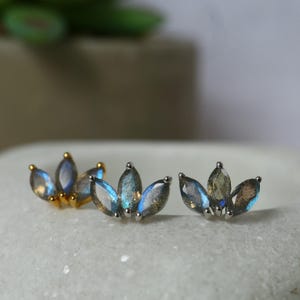 Marquise Labradorite Silver Stud Earrings, Crystal Gemstone Jewelry, 14K Gold Vermeil Dainty Earring- Gift For Her
