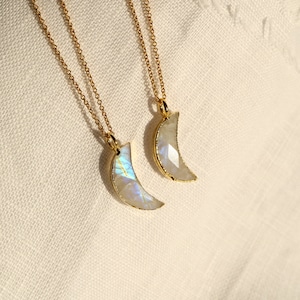Crescent Moonstone Gold Filled Necklace For Women, Rainbow Moonstone Pendant, Sterling Silver Crystal Jewelry, June Birthstone Gifts For Her