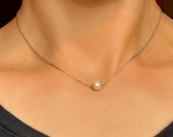 4/6mm Pearl Sterling Silver Choker Necklace, Bridal Wedding Jewellery, June Birthday Prom Gift For Her Mom, Simple Dainty Necklace