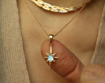 Handmade Natural Moonstone Necklace, Dainty North Star Pendant, Gemstone Jewelry, 14K Gold-filled Chain