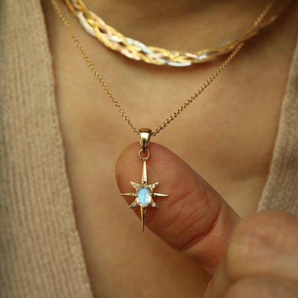 Collana in pietra di luna naturale fatta a mano, delicato ciondolo a forma di stella polare, gioiello con pietre preziose, catena placcata oro 14 carati
