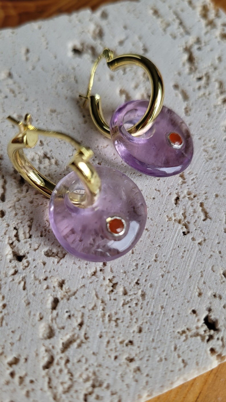 Natural Amethyst Carnelian Charm Silver Gold Hoop Earrings, Crystal Jewelry, Statement Dangle Drop Gemstone Hoops, February Birthstone Gift image 3