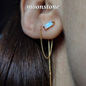 Moonstone Chain Threader Earrings in Silver 14K Gold Vermeil-Crystal Jewelry- Cartilage, Helix & Conch Piercing