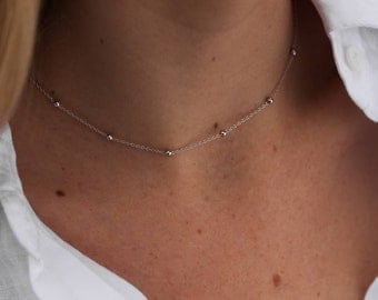 Sterling Silver Dainty Every Day Choker Chain Necklace, Minimalist Layered Necklaces For Women, Ball Satellite Beaded Dot Necklace, Gift