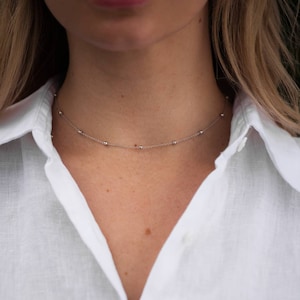 Satellite Silver Dainty Chain Necklace, Every Day Simple Choker, Minimalist Layering Necklaces For Women, Bead Necklace Gifts For Her