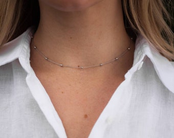 Satellite Silver Dainty Chain Necklace, Every Day Simple Choker, Minimalist Layering Necklaces For Women, Bead Necklace Gifts For Her