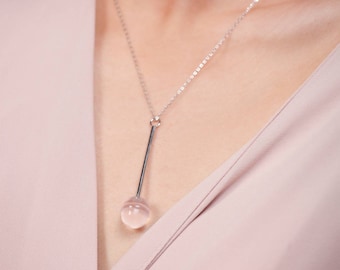 Rose Quartz Silver Statement Pendant Necklace, Lollipop Candy Necklace, Healing Crystal Jewelry Gift, Statement Unique Necklaces For Women