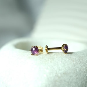 Natural Amethyst Rose Cut Labret Silver Stud Cartilage Earring, 14K Gold Dainty Internally Threaded Studs, Crystal Screw Flat Back Earrings