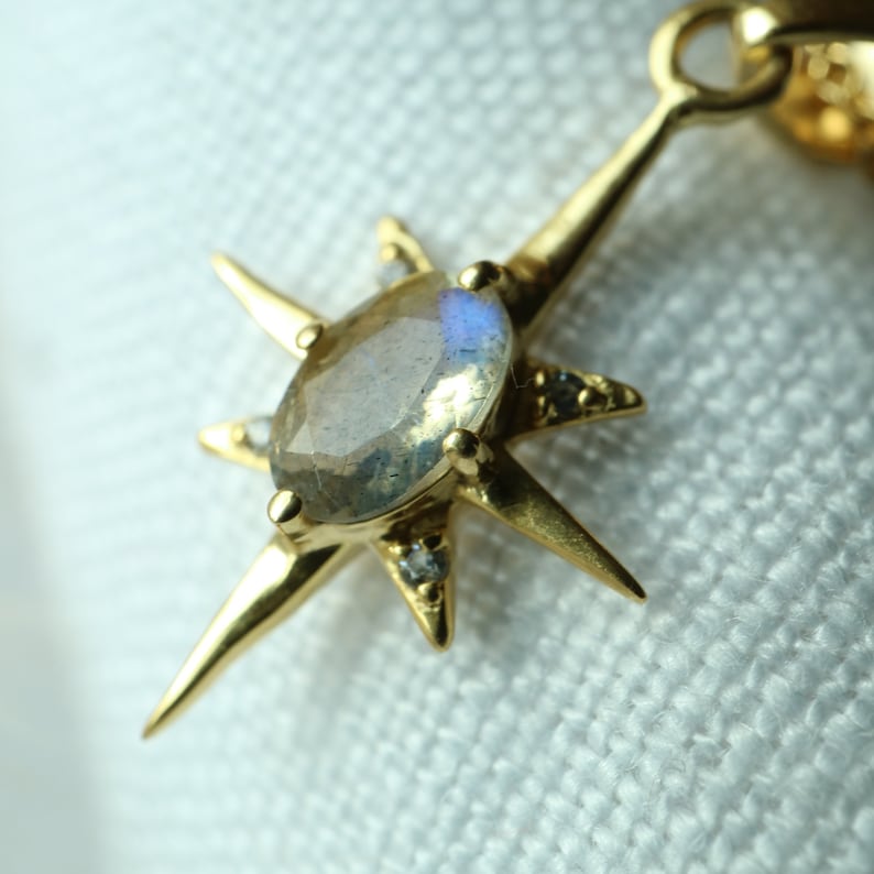 Puede incluir: Colgante dorado con dise&ntilde;o de estrella. El centro de la estrella contiene una piedra preciosa ovalada e iridiscente. Peque&ntilde;as piedras transparentes est&aacute;n engastadas alrededor de la piedra preciosa y en las puntas de la estrella. El colgante cuelga de una delicada cadena.
