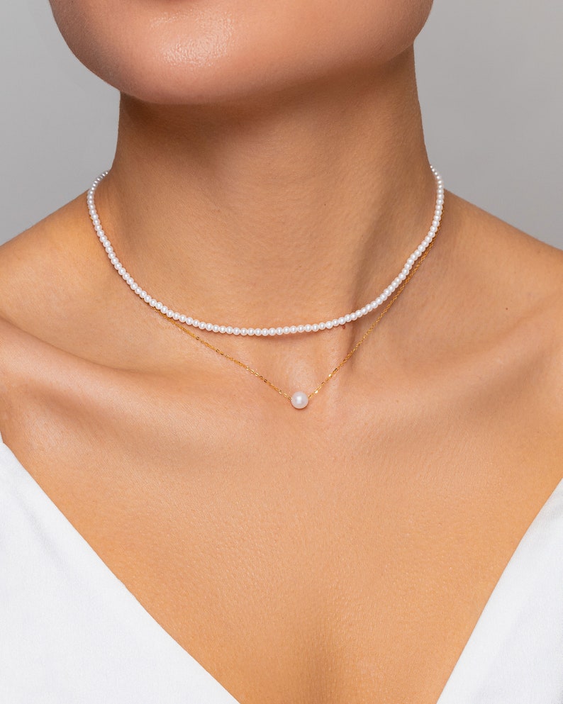 18K Gold Pearl Choker Necklace, Freshwater Akoya Small Round 2.5-3 mm Pearl Necklace, Bridal Wedding Pearl Jewelry, Tiny Pearl Choker image 7