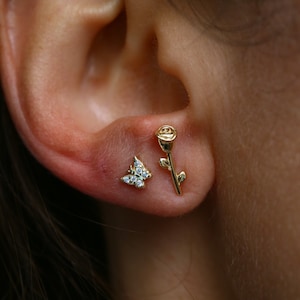 Mismatched Silver Gold Earrings, Rose Flower Studs, Butterfly Cute Earrings, Tiny Helix Cartilage Minimalist Studs,Bridesmaids EarringsGift,