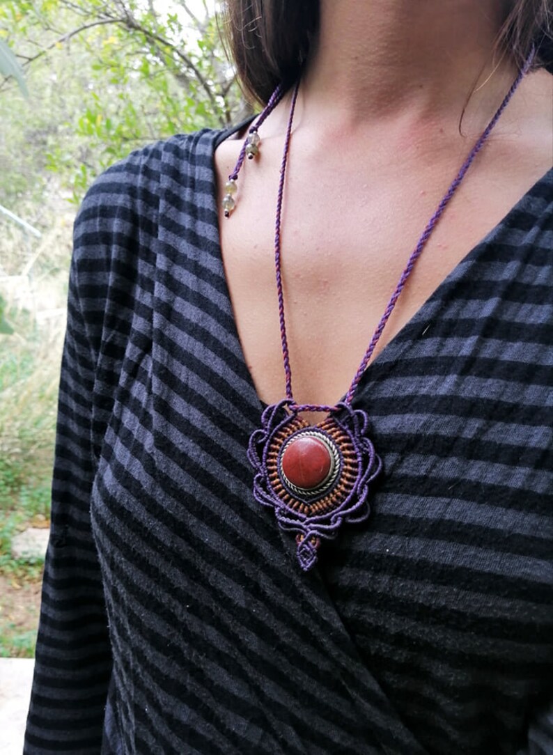 Red Jade Macrame Bohemian Pendant ~ Long Tribal Crystal Necklace