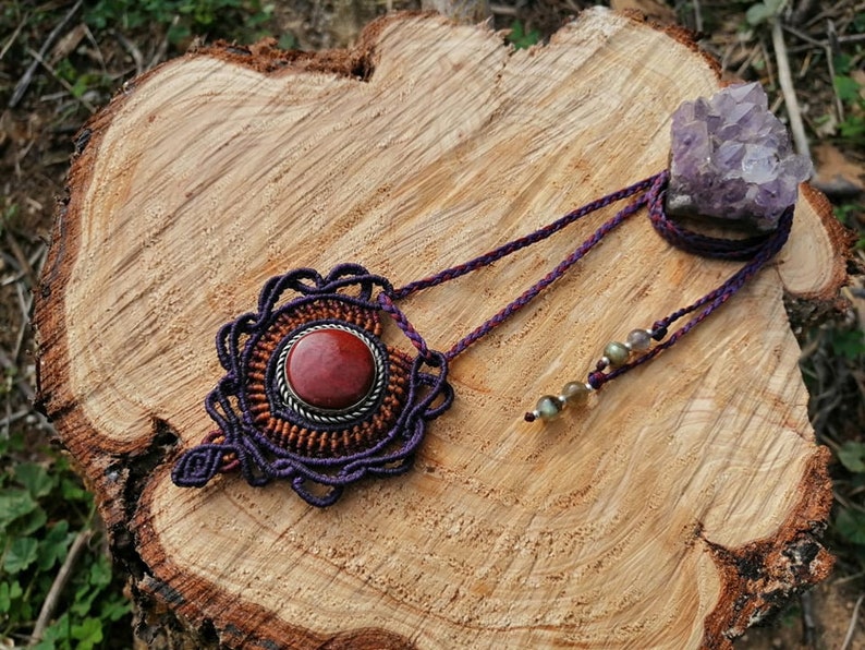 Red Jade Macrame Bohemian Pendant ~ Long Tribal Crystal Necklace