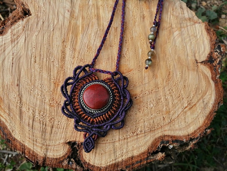 Red Jade Macrame Bohemian Pendant ~ Long Tribal Crystal Necklace