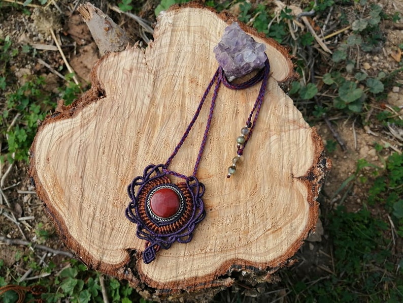 Red Jade Macrame Bohemian Pendant ~ Long Tribal Crystal Necklace