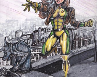 Original X-Men Rogue Art, Ink and Watercolor, 9x12 Bristol Board
