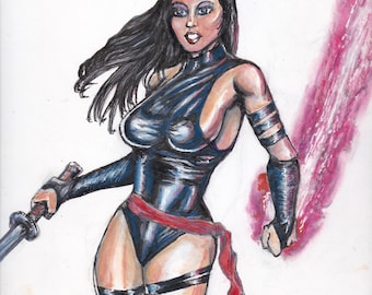 Original X-Men Comic Art: Psylocke, Ink & Watercolor, 9x12 Bristol Board
