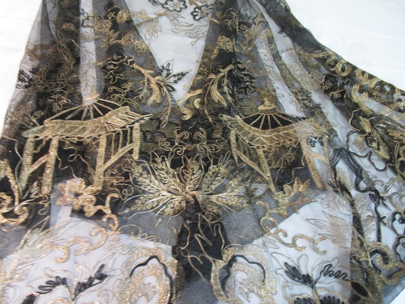 Antique 1940 Black Silk Net Shawl Wrap Hand Made … - image 10