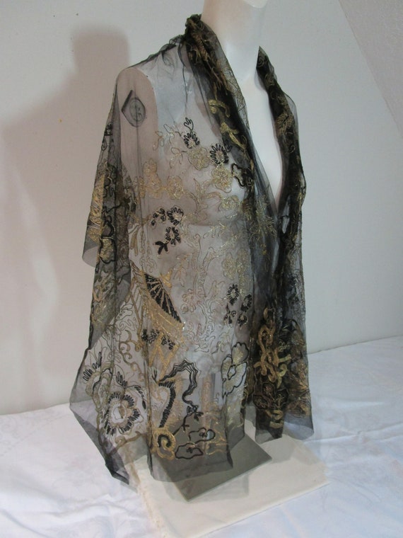 Antique 1940 Black Silk Net Shawl Wrap Hand Made … - image 4