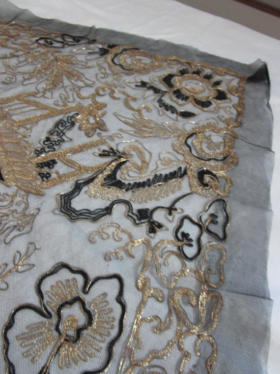 Antique 1940 Black Silk Net Shawl Wrap Hand Made … - image 2