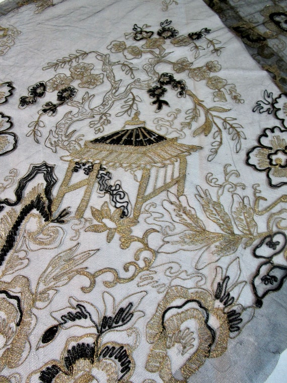 Antique 1940 Black Silk Net Shawl Wrap Hand Made … - image 6