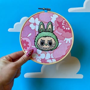 MONSTER BAG CHARM -  Green Grape Labubu - Floral Embroidery Hoop Wall Art