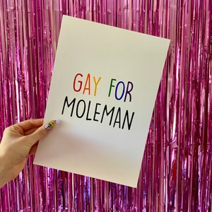 May include: A white card with the text "GAY FOR MOLEMAN" in rainbow letters. The card is held in front of a pink tinsel background.