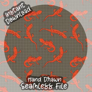 May include: A digital seamless file featuring a repeating pattern of orange salamanders on a gray grid background. The words "Instant Download" and "Hand Drawn Seamless File" are also visible.