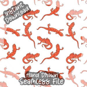 May include: A white background with a repeating pattern of orange salamanders. The salamanders are hand-drawn with a textured appearance and have red spots. The words "Instant Download" and "Hand Drawn Seamless File" are also visible.