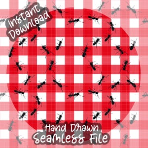 May include: A digital file featuring a red and white checkered pattern with a red circle overlay. Black ant silhouettes are scattered across the design. Text includes "Instant Download" and "Hand Drawn Seamless File".