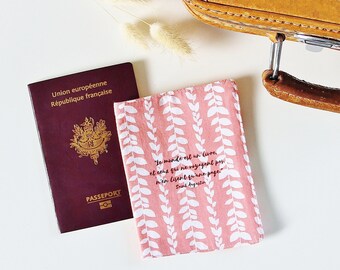 Passport Cover with Inspirational Quote, Geometrical Pattern, Pink, Leaves, Globe Trotter Gift, Travel Accessory