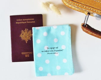 Passport Cover with Inspirational Quote, Geometrical Pattern, Turquoise, Blue, Dots, Globe Trotter Gift, Travel Accessory